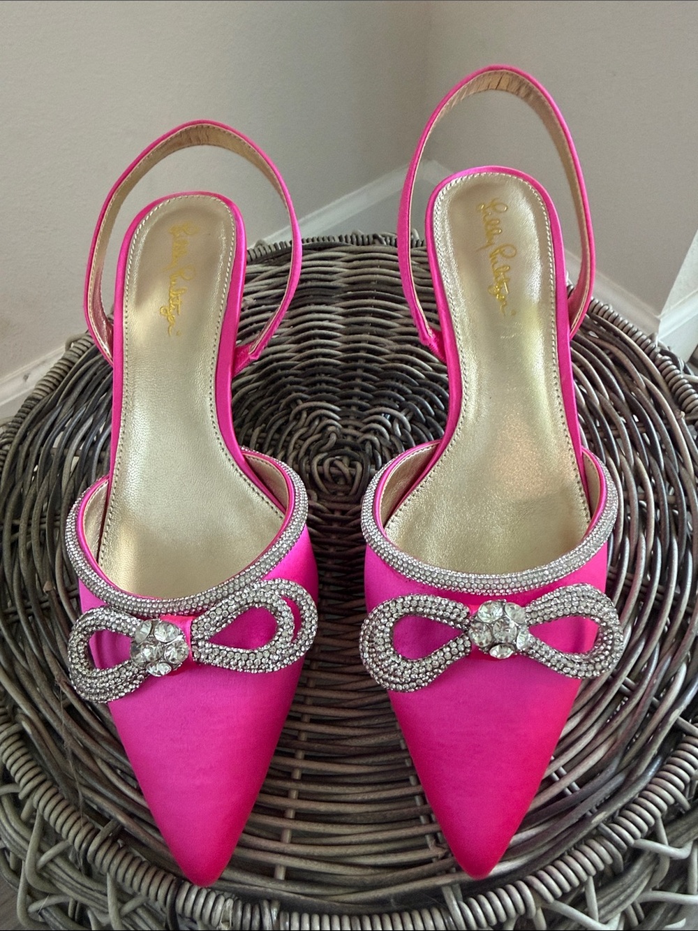 Lilly Pulitzer Hot Pink Satin Slingback Heels with Crystal Bow - Picture 2 of 12
